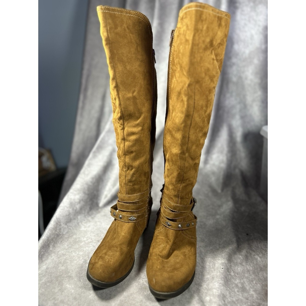 Mudd Women's Size 9W Wide Cognac Knee High Boots Faux Suede Harness Side Zip